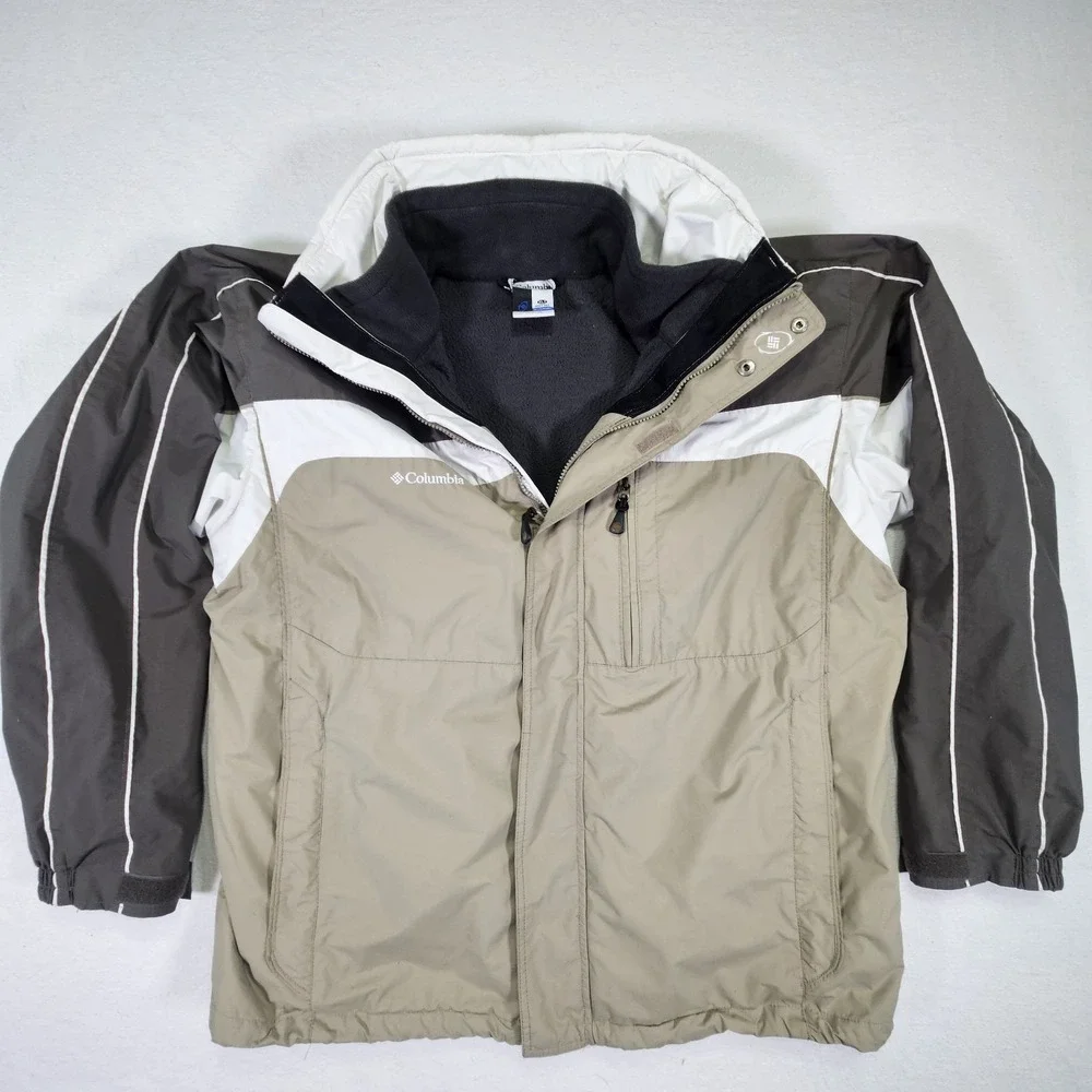 Columbia Mens XLT Interchange 3-in-1 Jacket Gray Brown Hooded Winter Coat